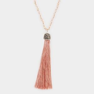 Beaded Hematite Stone Blush Tassel Necklace